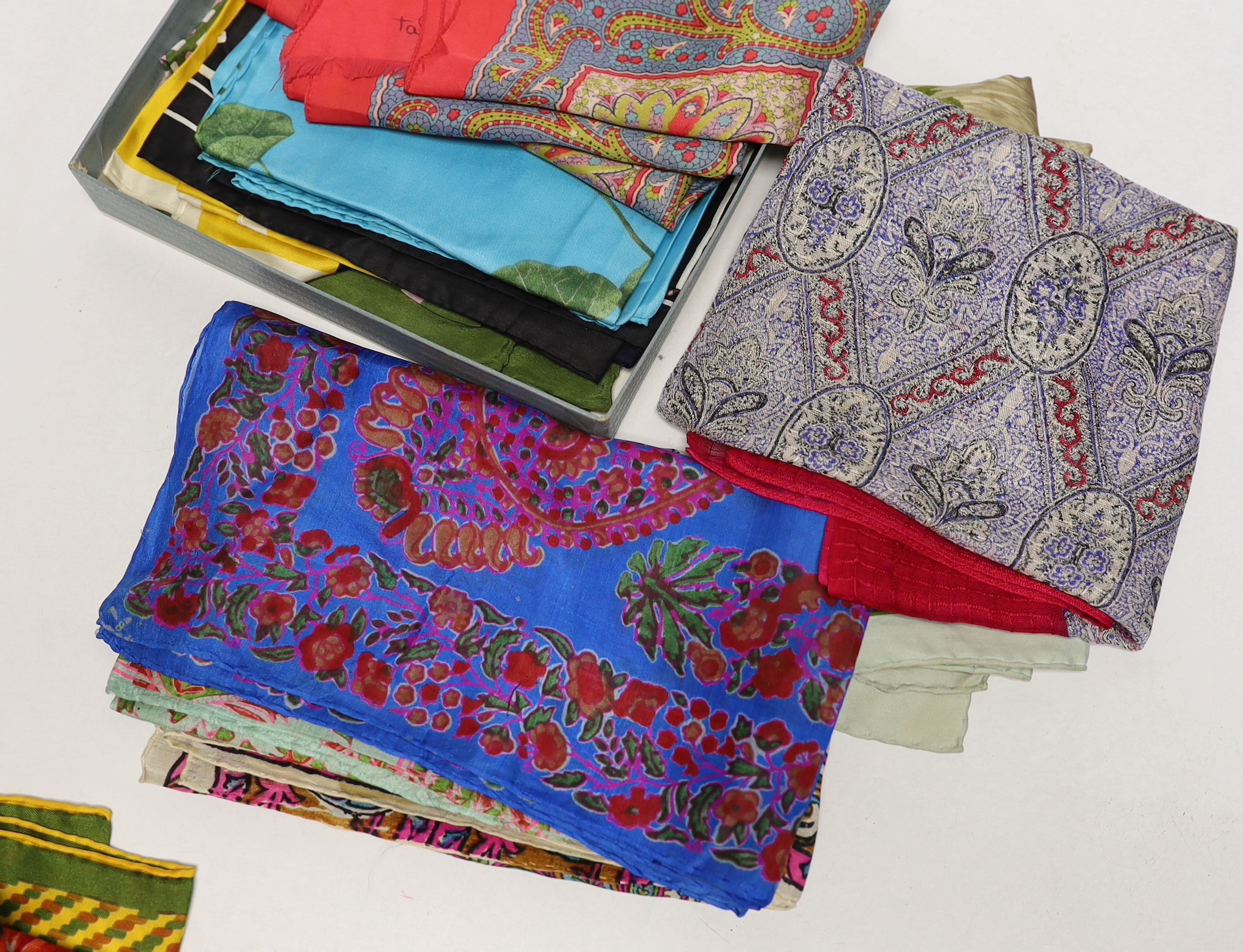 A collection of twenty one mixed silk and velour scarves, including Christian Dior, Pierre Cardin etc.
